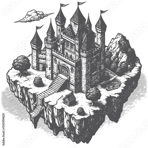 A unique medieval castle floating on a lush island in the sky