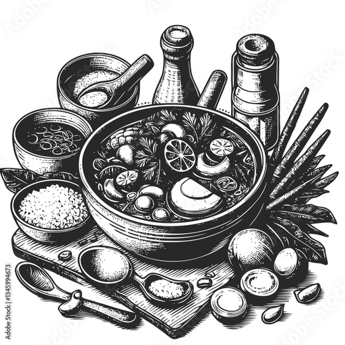 Handcrafted illustration of Thai curry with fresh vegetables in broth