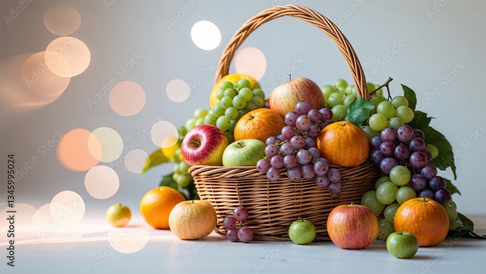 Bright and vibrant fruit basket with assorted fresh fruits on display during afternoon light Bright and vibrant fruit basket with assorted fresh fruits on display during afternoon light