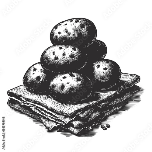 Rustic engraved illustration of potatoes stack with vintage texture