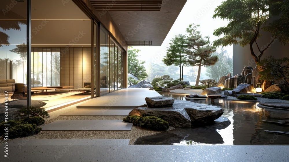 Fototapeta premium Modern Minimalist Home with Tranquil Zen Garden