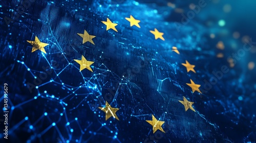 European union flag waving in cyberspace representing global connection