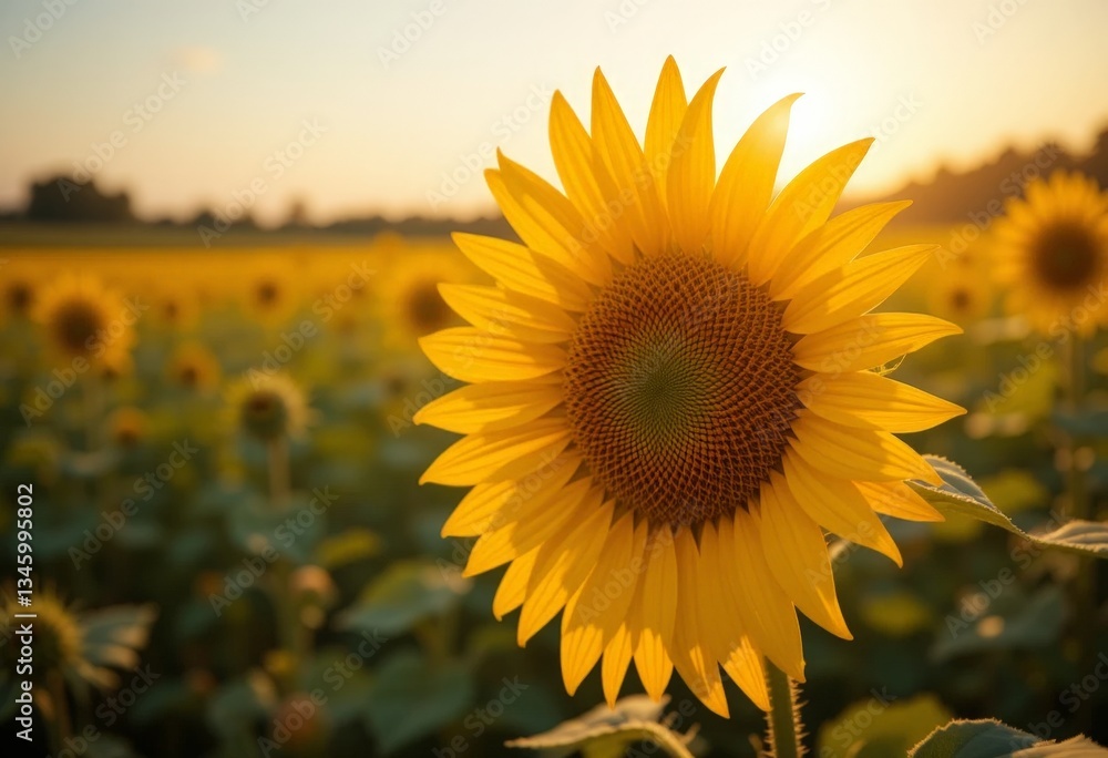 Fototapeta premium Sunflower in Summer Field – A close-up of a bright sunflower in full bloom, its yellow petals illuminated by golden sunlight