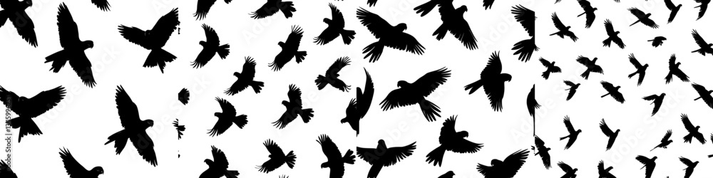Obraz premium The modern illustration features birds as black silhouettes set against a white background