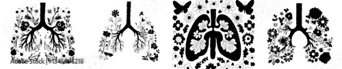 Modern floral flower and color summer artwork illustration featuring butterflies and spring flowers arranged in the shape of human lungs