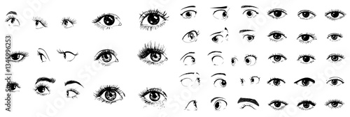 A modern illustration featuring the isolated eyes of a female cartoon character set against a white background