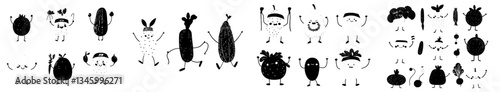 Isolated on a white background are cartoon fruits and vegetables that are happy and jumping, representing healthy food in a modern style, along with a funny character vegetable mascot for vegetarian