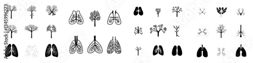 Modern illustration of lung and bronchus featuring healthy lungs depicted as a tree with leaves, incorporating bronchi and human respiration symbols, and a medicine breathing sign on a white