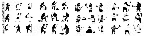 Isolated stone age individuals are set against a white backdrop, showcasing ancient and primitive men and women utilizing tools and fire