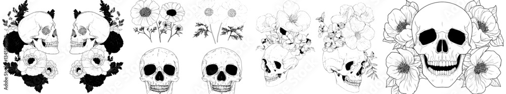 Fototapeta premium Modern illustration featuring a human skeleton head with a grunge gothic drawing style, set amidst tattoo skulls, flowers, and vintage art design