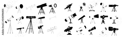 The cartoon observatory features a satellite telescope, an astronomer building with a dome, and a space cosmos planetarium with an optical antenna for viewing the night sky