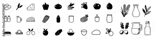 Modern label icons for food packaging are collected, highlighting diet and intolerance options such as gluten-free, sugar-free, and lactose intolerance, with no wheat