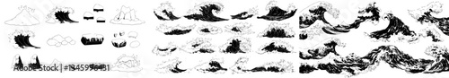 Ocean wave splash motion and cartoon waves depict a sea storm tide suitable for surf, with a swirl curve of blue water and liquid flow accompanied by wet foam and aqua splashing