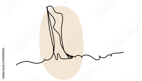 Stylish minimalist line art illustration of a highheeled boot. The design features flowing continuous lines against a neutral beige background, showcasing elegance in simplicity.