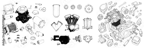Vintage retro auto garage emblem sketch art features mechanical elements, including engine tattoos, motorcycle motors, pistons, steel gears, carburetors, and cylinders