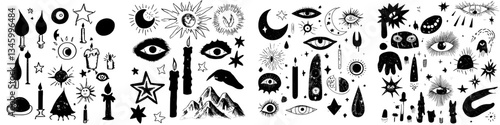 Modern illustration featuring esoteric cartoon elements, spiritual mystic astrology, black magic spell, and oracle eye doodle abstract sticker set