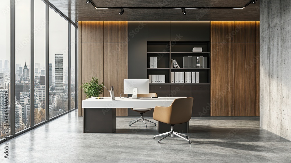 Fototapeta premium Modern office interior with city view, suitable for presentations