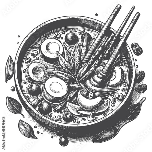 Detailed illustration of Thai curry with coconut broth and vegetables