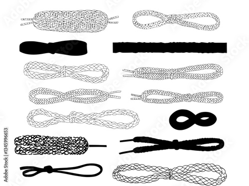 Vibrant shoelaces, along with shoe lace, footwear string, and tying, are part of foot wear laces, knot, boot rope, tie cord, join, pull, tied shoelace, sneaker, clothing, sport, and lacing, in a set