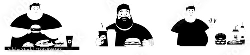 A modern illustration conceptually portrays binge eating disorder as an overeating problem, with a fat hungry man eating hamburger pizza, highlighting an unhealthy fast food addiction, obesity, and