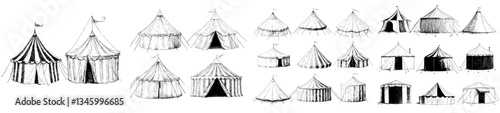 Circus tents are depicted in sketches, including those of circuses with striped tents, in a retro carnival show fair marquee entertainment festival recreation vintage drawing and modern illustration
