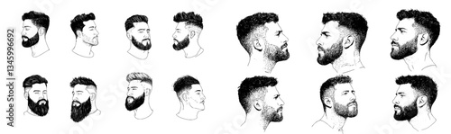 Portrait of a bearded man in a modern illustration style, featuring a guy's profile with a distinctive mustache and hairstyle in an engraving drawing style