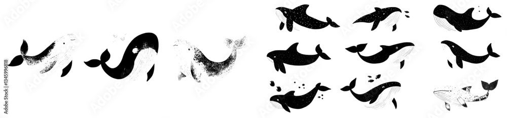 Obraz premium Watercolor whales are depicted in a modern illustration set showcasing aquatic wildlife in big blue ocean environments with diverse swimming poses