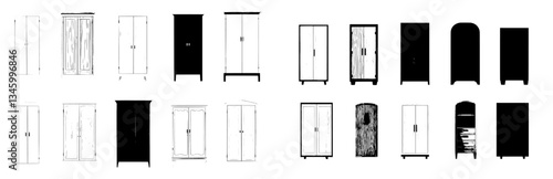 Modern illustration of a living room with an open closet, featuring a cartoon wardrobe and wooden cabinet cupboards