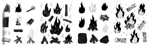 Ink sketch of a camp fire with a flame and wooden trunks, depicting a timber bonfire for tourism and survival in nature, hand drawn in modern style on a white background