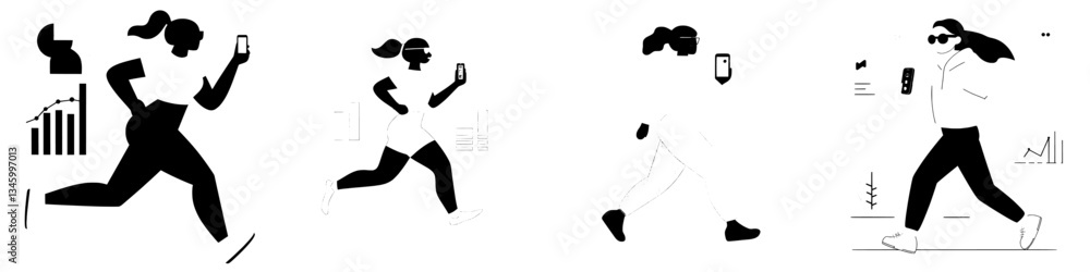 Fototapeta premium A woman is walking while monitoring her steps on a pedometer app in her smartphone for fitness tracking during an outdoor walk or run