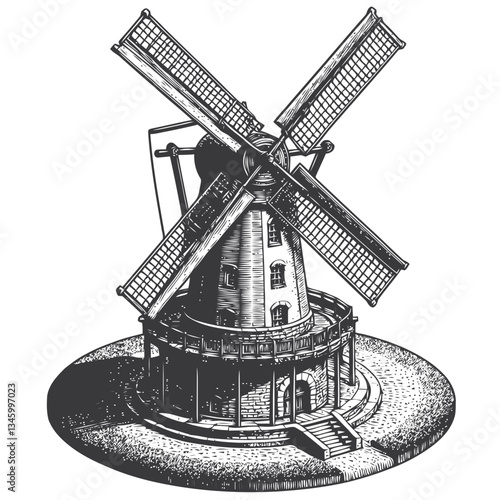 Artistic rendering of a countryside windmill with a solid stone base and blades