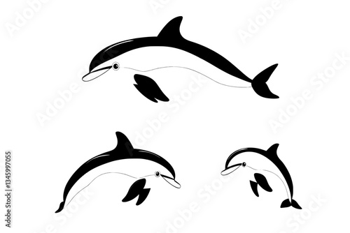 Playful sea animal characters, cartoon dolphins, are depicted in various poses, including jumping and swimming, in a modern illustration set for an oceanarium dolphin mascot