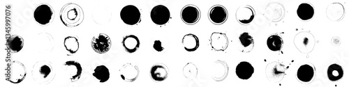 Modern illustration of realistic coffee stains, including cafe beverage cup rings, splash circles, and dirty liquid watercolor marks on a mug with wet stained spots and caffeine splatters