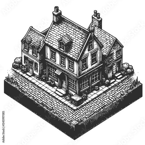 Artistic rendering of a tiny house beside a cobblestone street