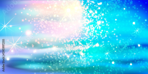 Abstract image with glimmering stars, sky and sea  scattered across a vibrant blue gradient background creating a dreamy sparkling effect