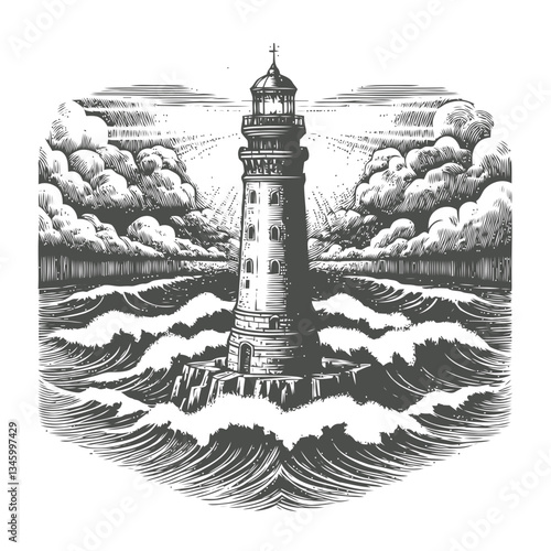 Hand drawn lighthouse with dramatic stormy sea and rugged coastline