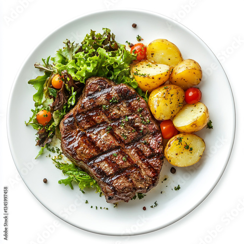 delicious, juicy steak with potatoes and salad on a white plate, top view, isolated on a white background