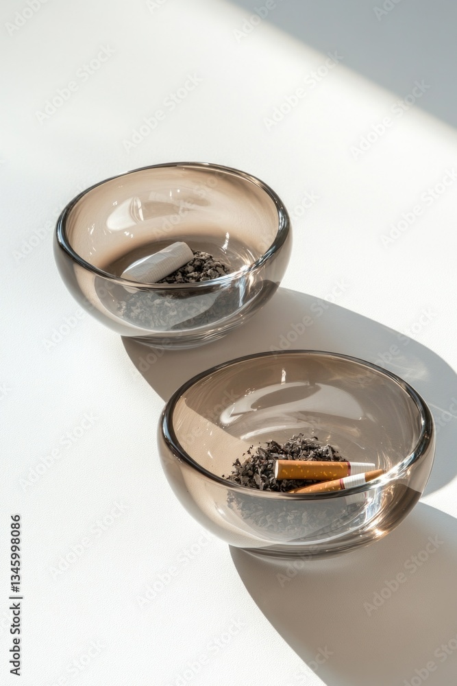A pair of glass bowls containing cigarettes, ideal for depicting a smoking habit or a scene involving tobacco use A pair of glass bowls containing cigarettes, ideal for depicting a smoking habit or a scene involving tobacco use