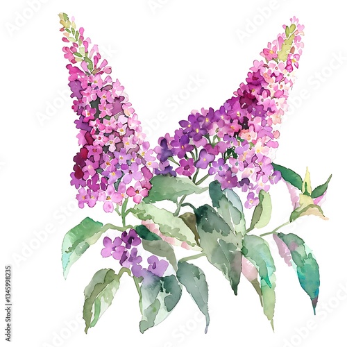 Watercolor Purple Buddleia Isolated on White Background. Beautiful Buddleia Flower