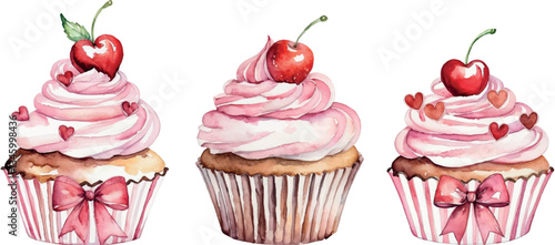 Set of Watercolor Cupcakes on White Isolated Background.