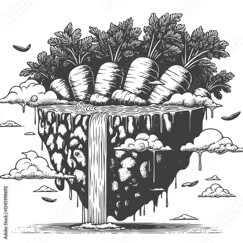 Fantasy-inspired floating carrot island with artistic cascading waterfalls