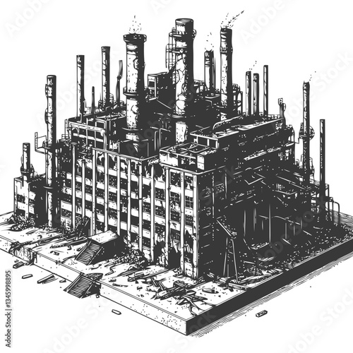 Detailed engraving of an industrial ruin with rusted pipes and windows