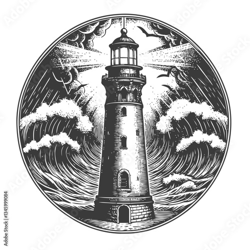 Antique lighthouse scene with turbulent ocean waves and storm clouds
