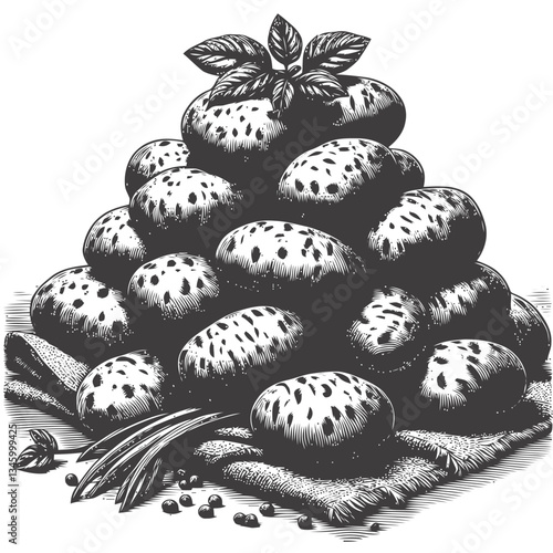 Vintage engraving of stacked potatoes with textured linen background