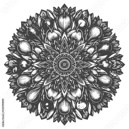 Creative vegetable kaleidoscope pattern in vibrant circular decorative layout