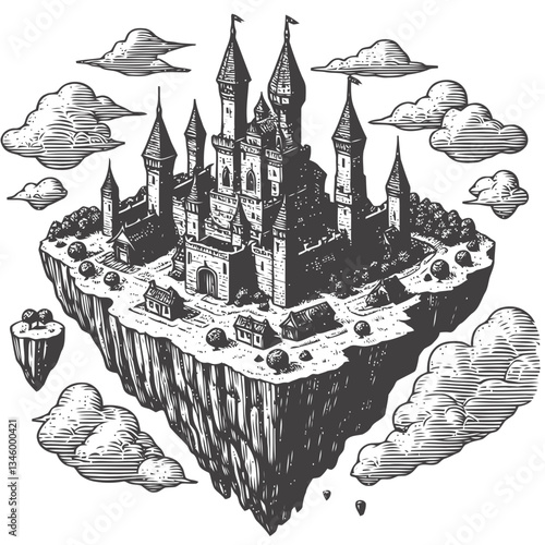 A picturesque medieval castle floating on an enchanting green island