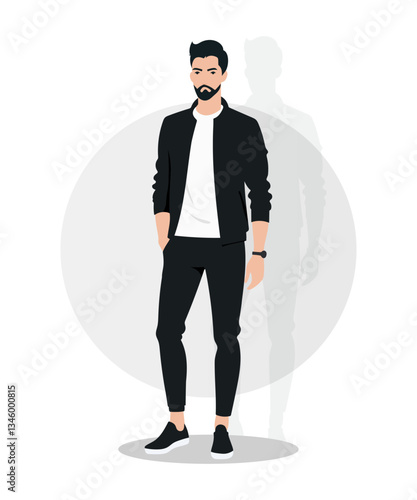 Bearded Young Man in a Sporty Black and White Streetwear Outfit.