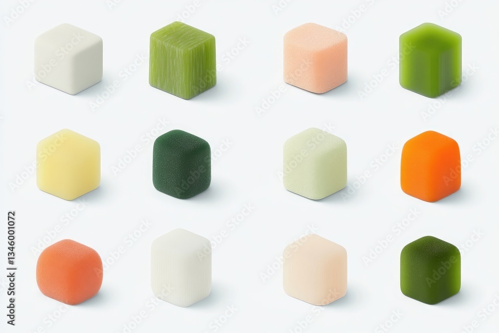 Obraz premium Colorful, square food blocks. Various vibrant hues. Isometric view. Healthy, nutritious