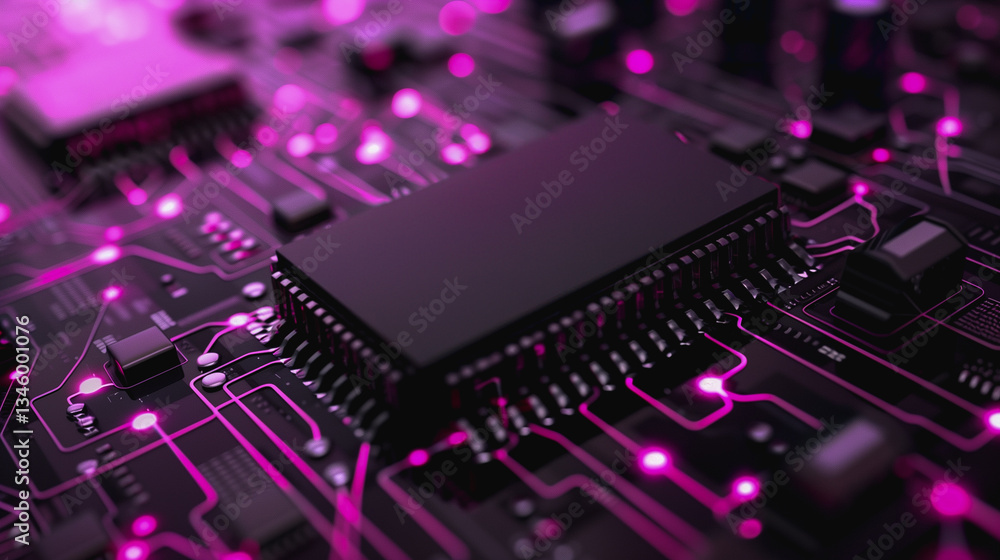 Obraz premium Cybernetic Circuits: An intricate and close-up image of a computer's motherboard, radiating with glowing pathways, epitomizes technological advancement.