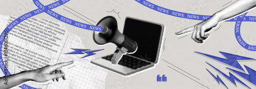 Trendy Halftone Collage Computer with Megaphone and Hands. Social media news and propaganda. Pop art design loudspeaker. Promotion banner with ripped paper. Contemporary vector illustration art